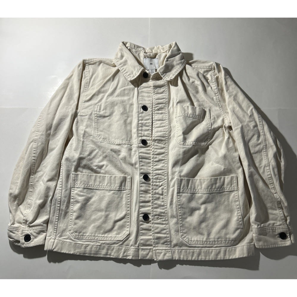 H&M Denim Shirt Jacket - White Chore Barn Shacket Metal Buttons Collar - Men's L